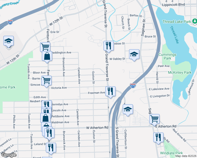 map of restaurants, bars, coffee shops, grocery stores, and more near 640 Simcoe Avenue in Flint