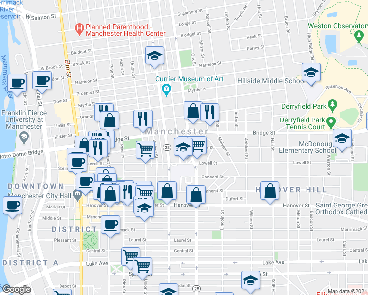map of restaurants, bars, coffee shops, grocery stores, and more near 73 Ash Street East Back in Manchester