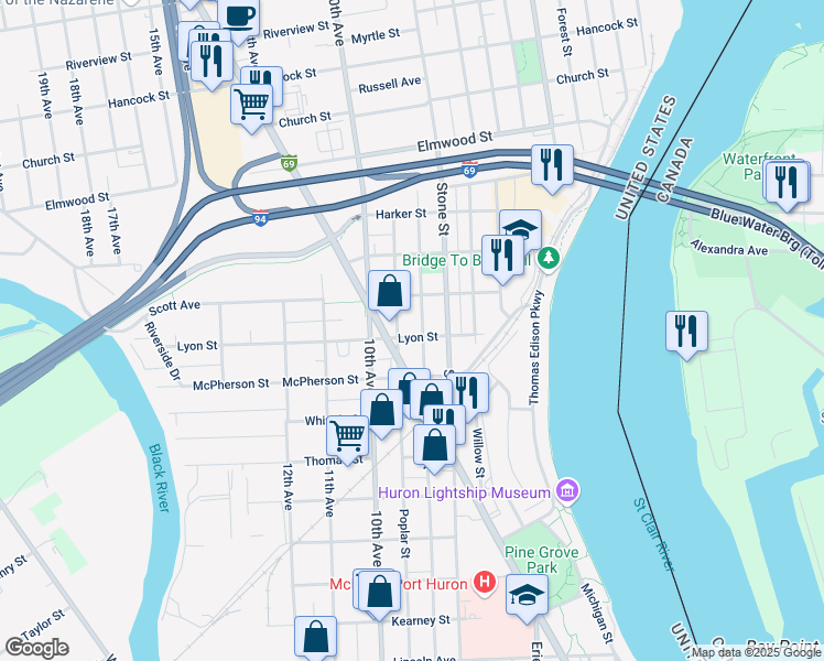 map of restaurants, bars, coffee shops, grocery stores, and more near 1205 Lyon Street in Port Huron