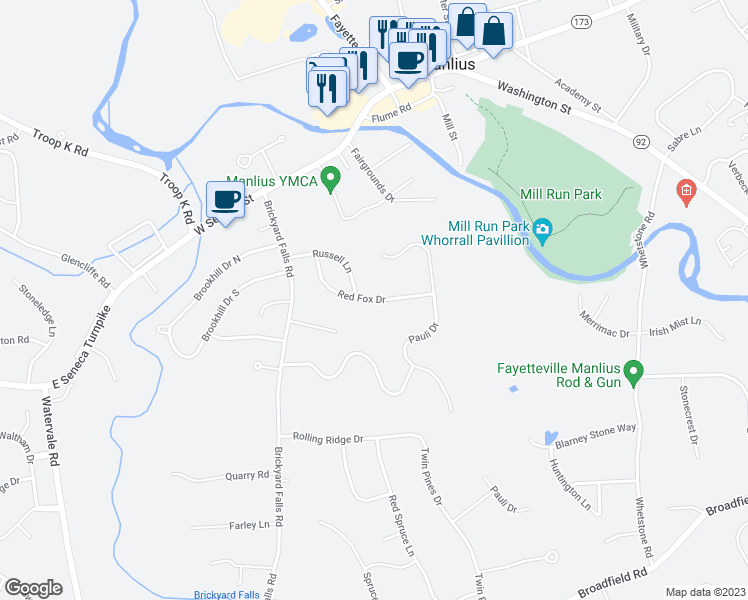 map of restaurants, bars, coffee shops, grocery stores, and more near 4598 Red Fox Drive in Manlius
