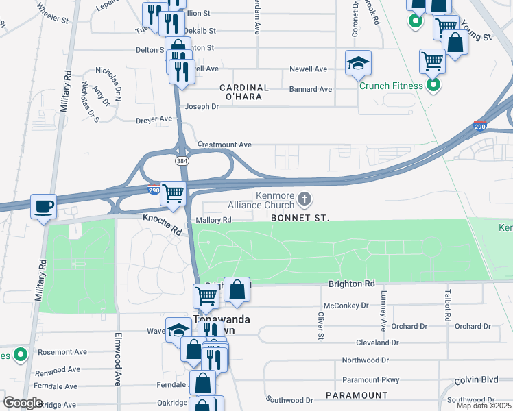 map of restaurants, bars, coffee shops, grocery stores, and more near 113 Bonnett Avenue in Tonawanda