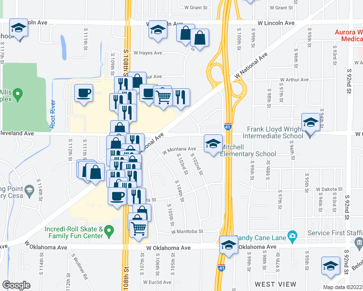 map of restaurants, bars, coffee shops, grocery stores, and more near 10220 West Montana Avenue in West Allis