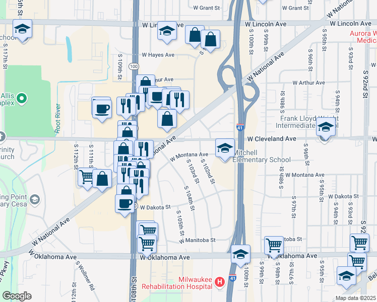map of restaurants, bars, coffee shops, grocery stores, and more near 10230 West Montana Avenue in West Allis