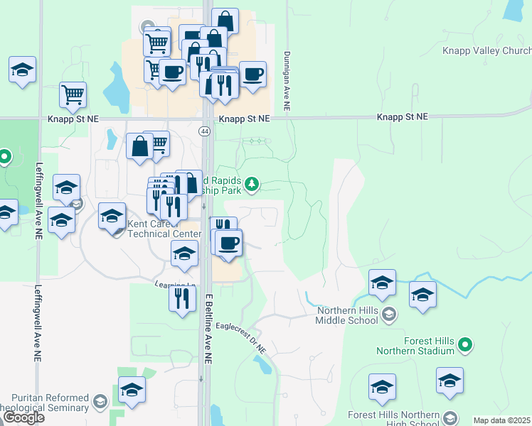 map of restaurants, bars, coffee shops, grocery stores, and more near 1790 Grand Court Northeast in Grand Rapids