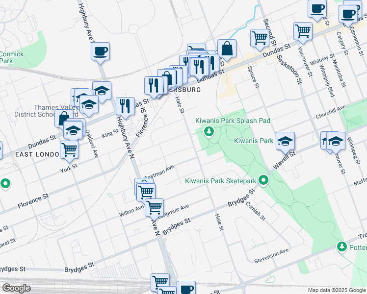 map of restaurants, bars, coffee shops, grocery stores, and more near 84 Beattie Avenue in London