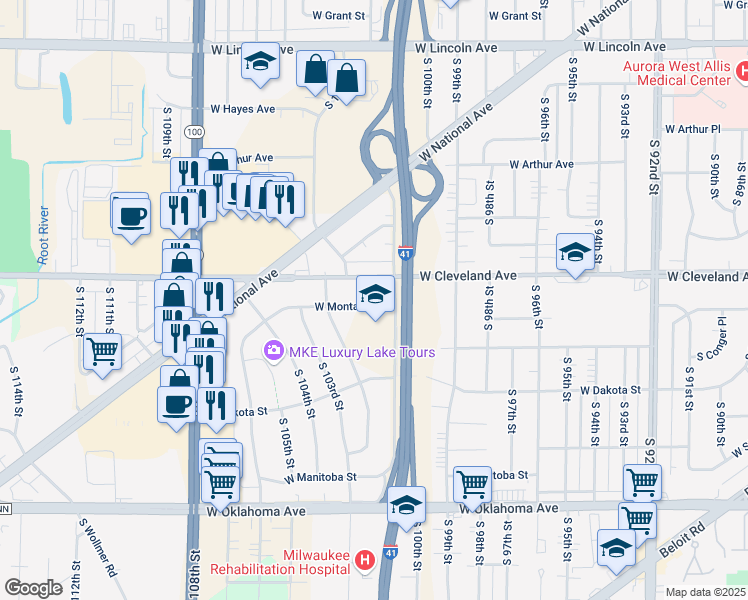 map of restaurants, bars, coffee shops, grocery stores, and more near 10128 West Montana Avenue in West Allis