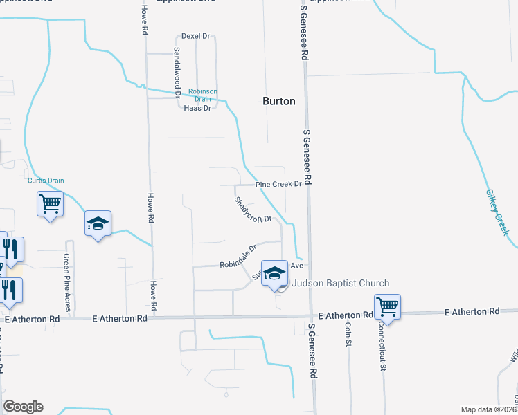 map of restaurants, bars, coffee shops, grocery stores, and more near 4438 Colby Court in Burton