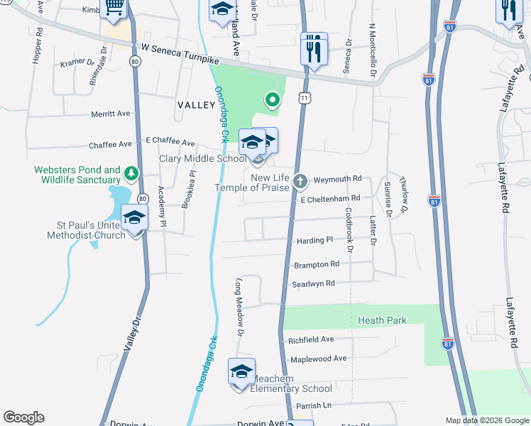 map of restaurants, bars, coffee shops, grocery stores, and more near 122 West Warrington Road in Syracuse