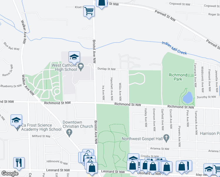 map of restaurants, bars, coffee shops, grocery stores, and more near 1649 Hanchett Avenue Northwest in Grand Rapids