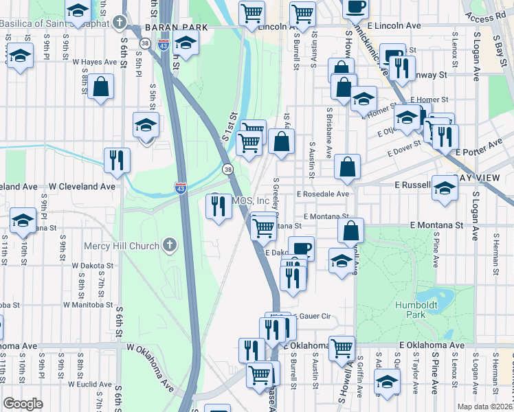 map of restaurants, bars, coffee shops, grocery stores, and more near 2715 South Gladstone Place in Milwaukee