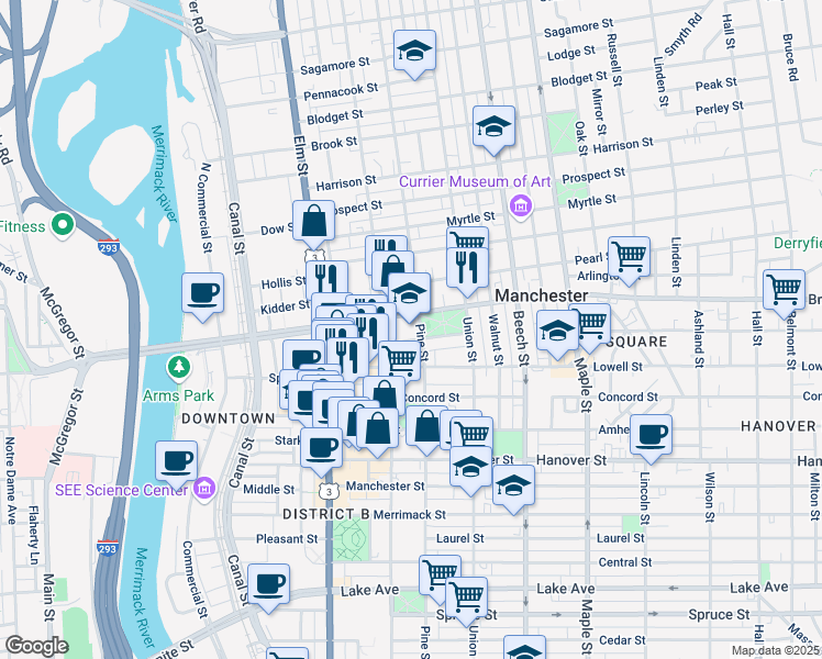 map of restaurants, bars, coffee shops, grocery stores, and more near 470 Pine Street in Manchester