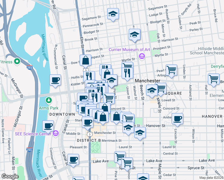 map of restaurants, bars, coffee shops, grocery stores, and more near 470 Pine Street in Manchester