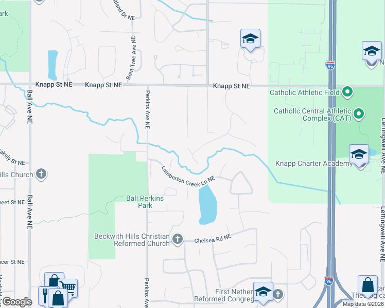 map of restaurants, bars, coffee shops, grocery stores, and more near 1743 Sanderling Court Northeast in Grand Rapids