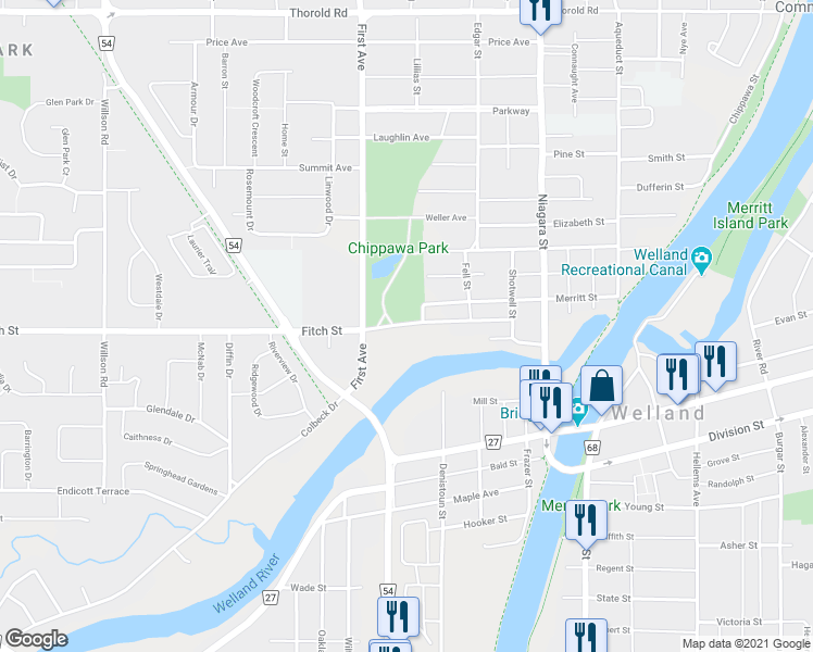 map of restaurants, bars, coffee shops, grocery stores, and more near 111 Fitch Street in Welland