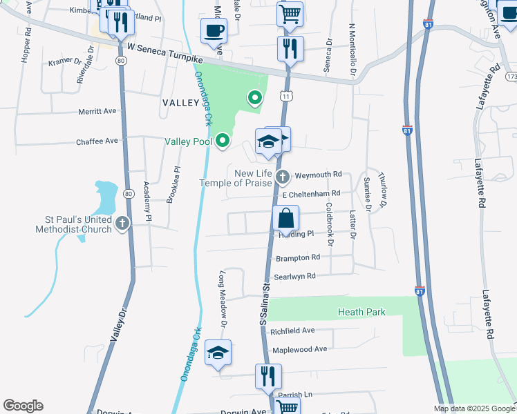 map of restaurants, bars, coffee shops, grocery stores, and more near 122 W Warrington Rd in Syracuse