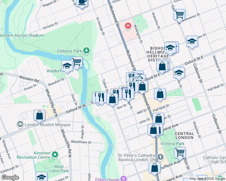 map of restaurants, bars, coffee shops, grocery stores, and more near 128 Oxford Street East in London