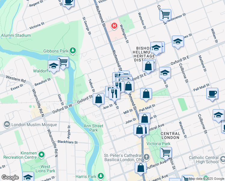 map of restaurants, bars, coffee shops, grocery stores, and more near 173 Oxford Street East in London
