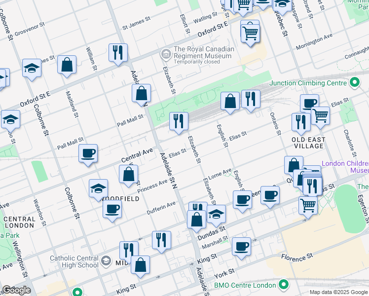 map of restaurants, bars, coffee shops, grocery stores, and more near 658 Elias Street in London