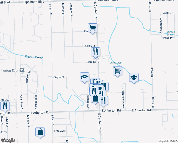 map of restaurants, bars, coffee shops, grocery stores, and more near 3467 Loder Court in Burton
