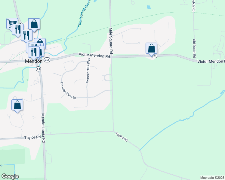 map of restaurants, bars, coffee shops, grocery stores, and more near 1231 Mile Square Road in Mendon
