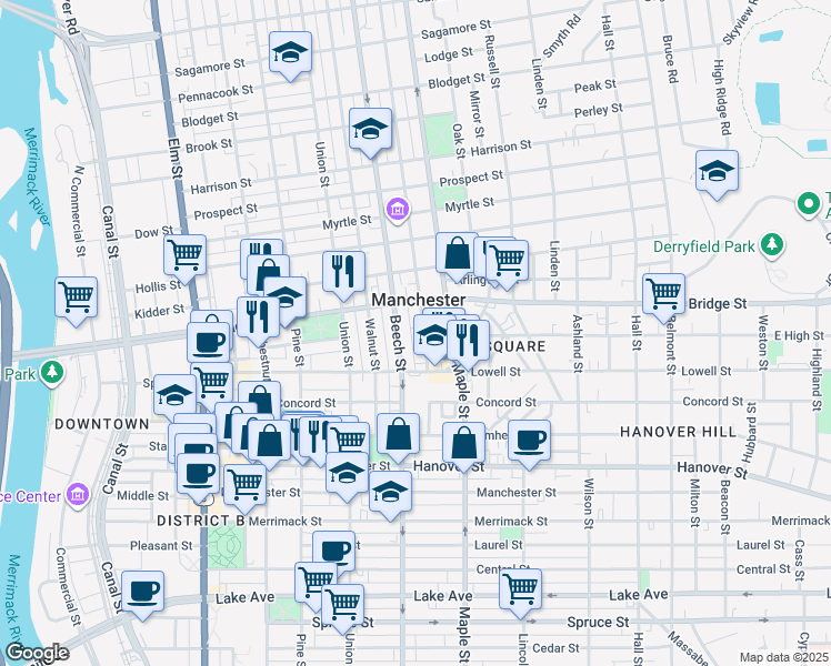 map of restaurants, bars, coffee shops, grocery stores, and more near 585 New Hampshire 28 in Manchester