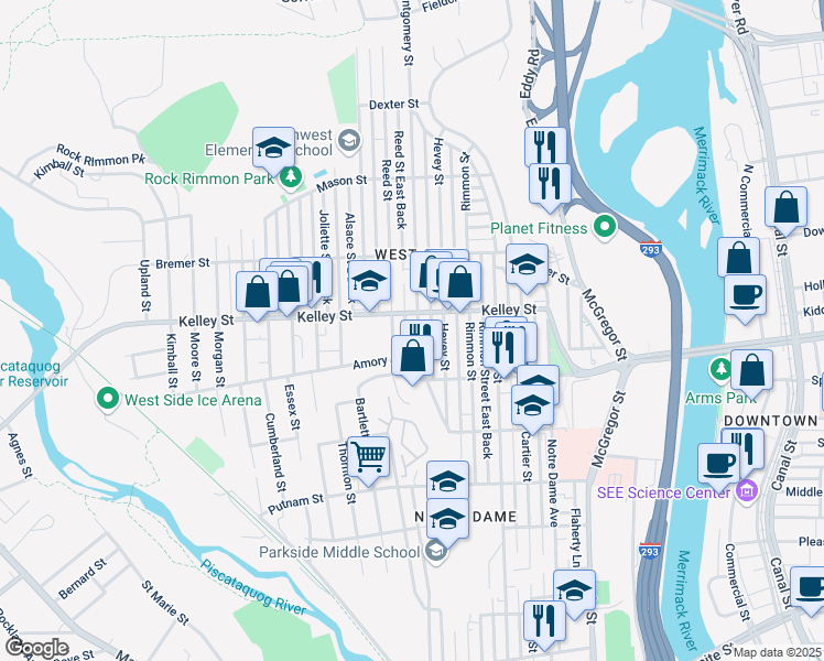 map of restaurants, bars, coffee shops, grocery stores, and more near 546 Montgomery Street in Manchester