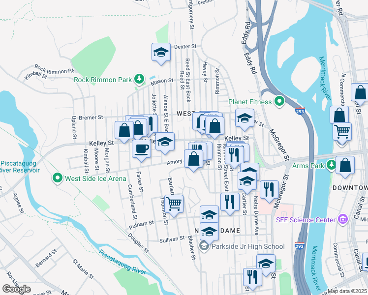 map of restaurants, bars, coffee shops, grocery stores, and more near 300 Kelley Street in Manchester