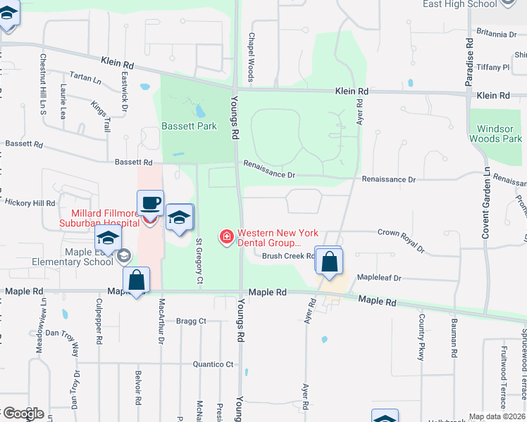 map of restaurants, bars, coffee shops, grocery stores, and more near 1055 Youngs Road in Buffalo