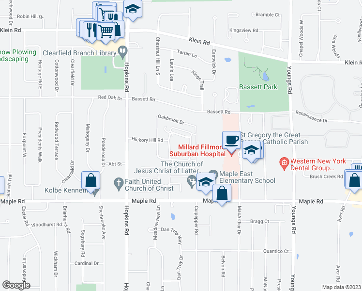 map of restaurants, bars, coffee shops, grocery stores, and more near 5 Homer Lane in Williamsville