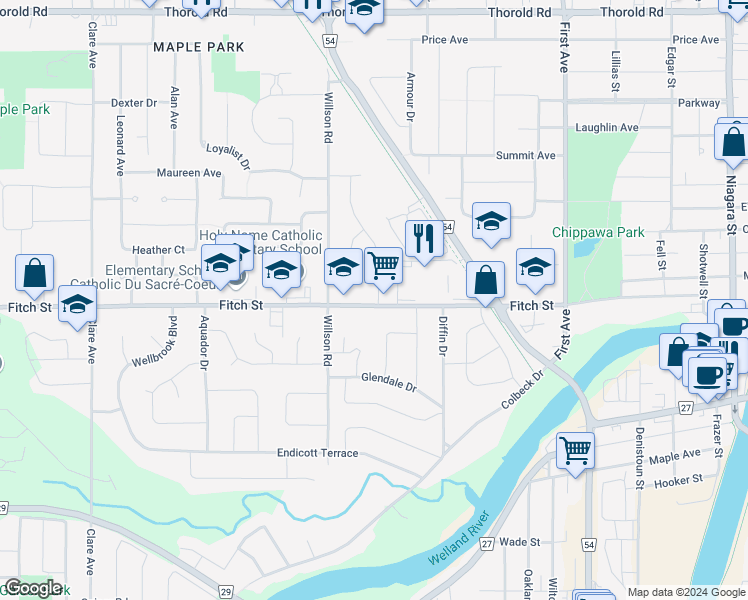 map of restaurants, bars, coffee shops, grocery stores, and more near 14 Westdale Drive in Welland