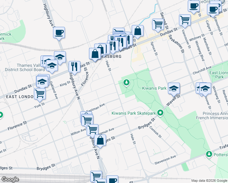 map of restaurants, bars, coffee shops, grocery stores, and more near 84 Beattie Avenue in London