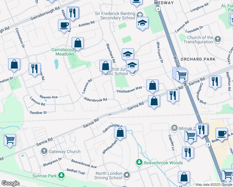 map of restaurants, bars, coffee shops, grocery stores, and more near 1007 Sherbourne Road in London