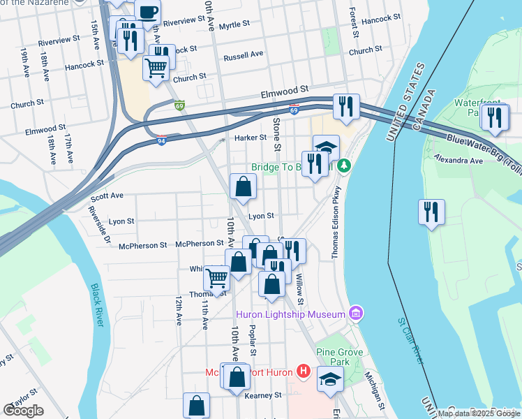map of restaurants, bars, coffee shops, grocery stores, and more near 1205 Lyon Street in Port Huron