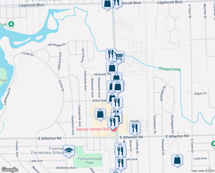 map of restaurants, bars, coffee shops, grocery stores, and more near 3101 Menominee Avenue in Flint