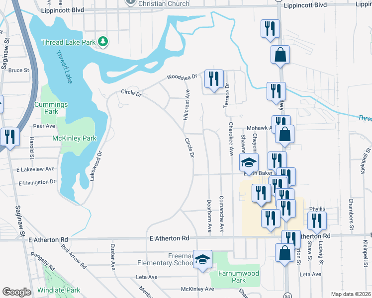 map of restaurants, bars, coffee shops, grocery stores, and more near 3030 Circle Drive in Flint