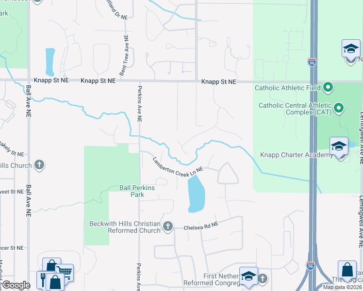 map of restaurants, bars, coffee shops, grocery stores, and more near 1743 Sanderling Court Northeast in Grand Rapids