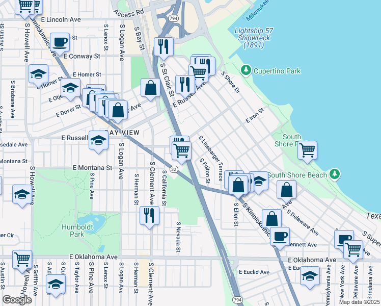 map of restaurants, bars, coffee shops, grocery stores, and more near 2657 South Fulton Street in Milwaukee