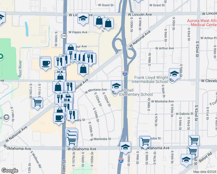 map of restaurants, bars, coffee shops, grocery stores, and more near 10168 West Montana Avenue in West Allis