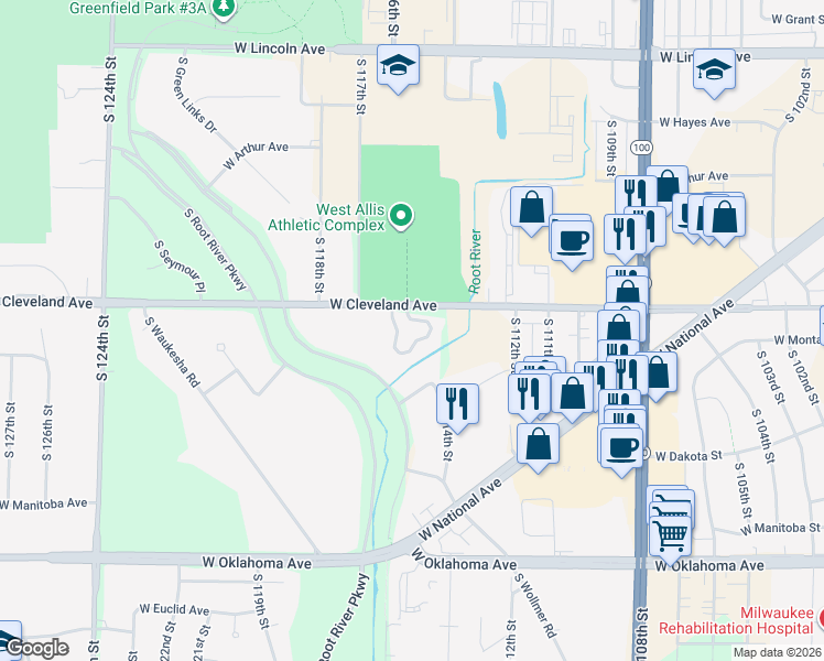 map of restaurants, bars, coffee shops, grocery stores, and more near 11515 West Cleveland Avenue in West Allis