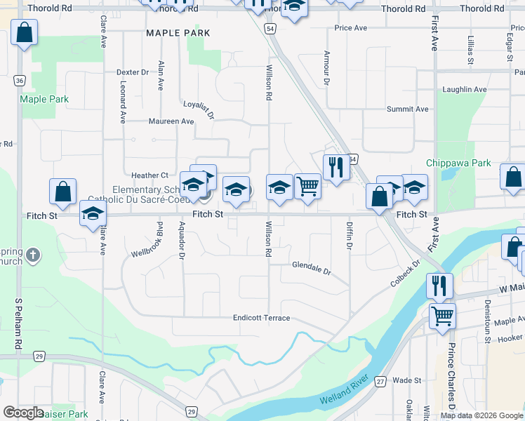 map of restaurants, bars, coffee shops, grocery stores, and more near 256 Fitch Street in Welland