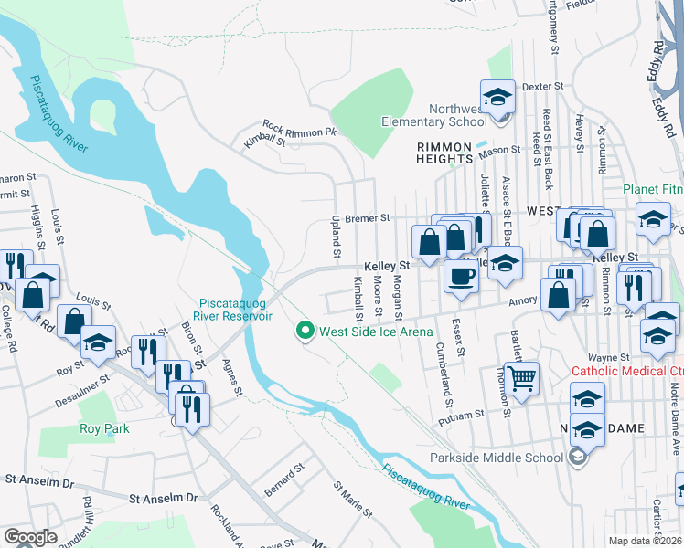 map of restaurants, bars, coffee shops, grocery stores, and more near 610 Kelley Street in Manchester