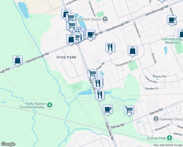 map of restaurants, bars, coffee shops, grocery stores, and more near 1427 Hyde Park Road in London