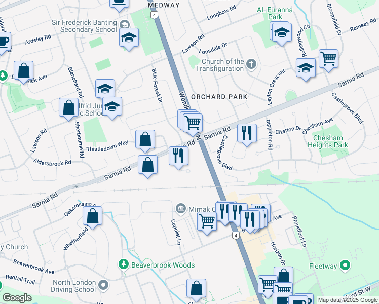 map of restaurants, bars, coffee shops, grocery stores, and more near 520 Sarnia Road in London