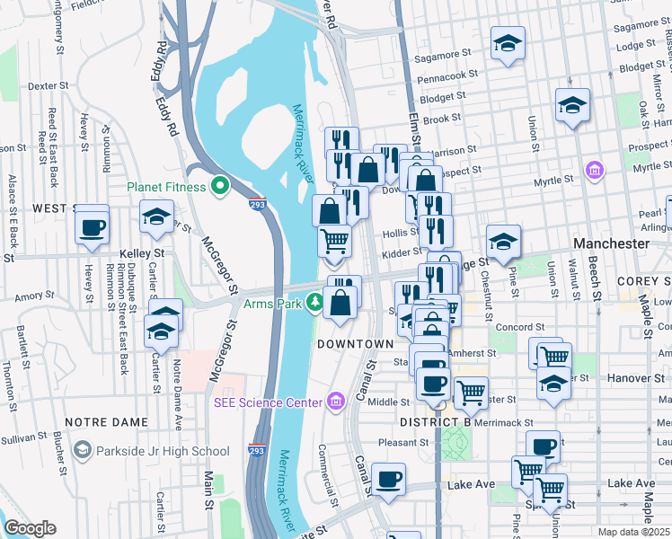 map of restaurants, bars, coffee shops, grocery stores, and more near 500 North Commercial Street in Manchester