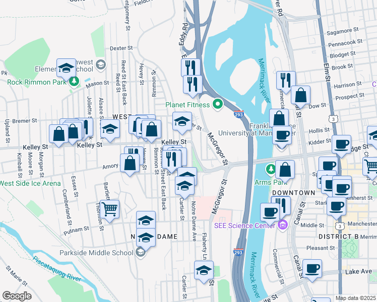 map of restaurants, bars, coffee shops, grocery stores, and more near 496 Notre Dame Avenue in Manchester