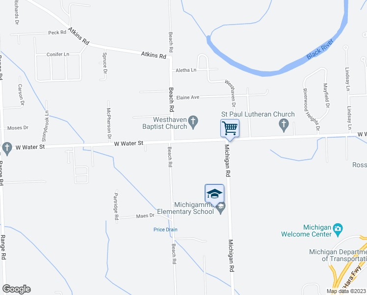 map of restaurants, bars, coffee shops, grocery stores, and more near 4097 West Water Street in Port Huron