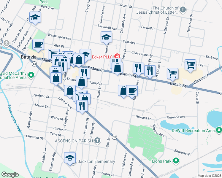 map of restaurants, bars, coffee shops, grocery stores, and more near 29 Swan Street in Batavia