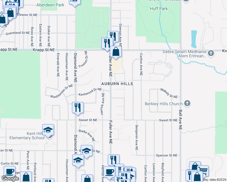 map of restaurants, bars, coffee shops, grocery stores, and more near 1210 Drexel Court Northeast in Grand Rapids