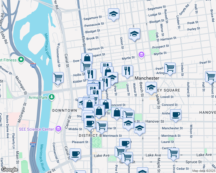 map of restaurants, bars, coffee shops, grocery stores, and more near 470 Pine Street in Manchester