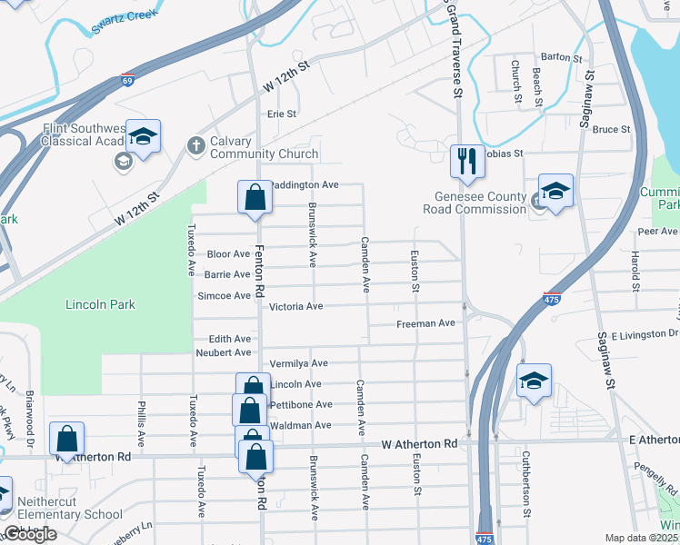 map of restaurants, bars, coffee shops, grocery stores, and more near 827 Barrie Avenue in Flint
